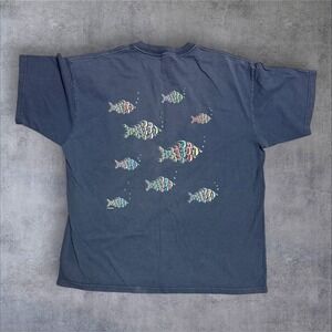 Vintage Faded Black Tropical Neon Fish Shirt Graphic Print XL